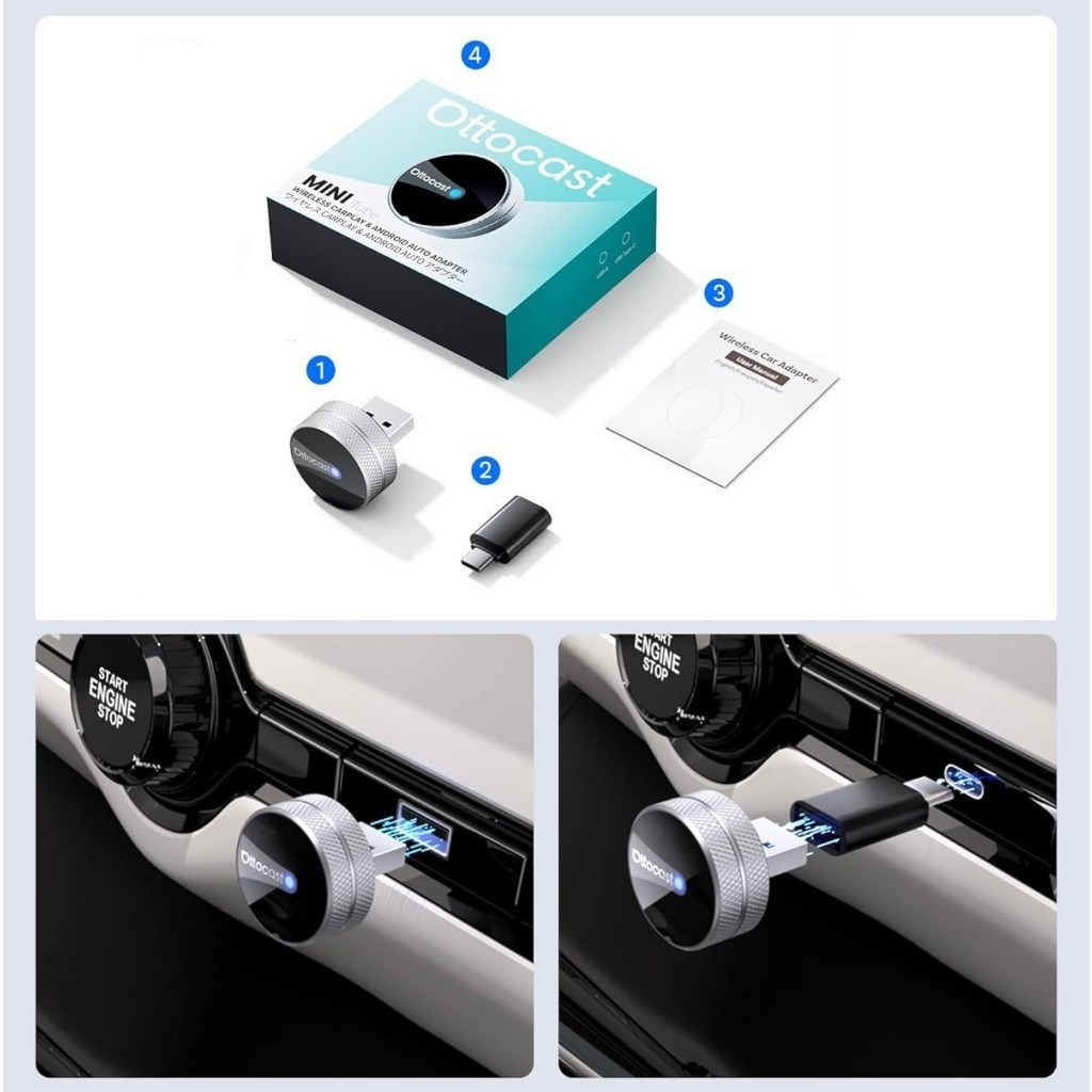 Adattatore Carplay / Android Auto Wireless Ottocast Mini Slim Tube per Apple iPhone / Serie Android CP88-T4