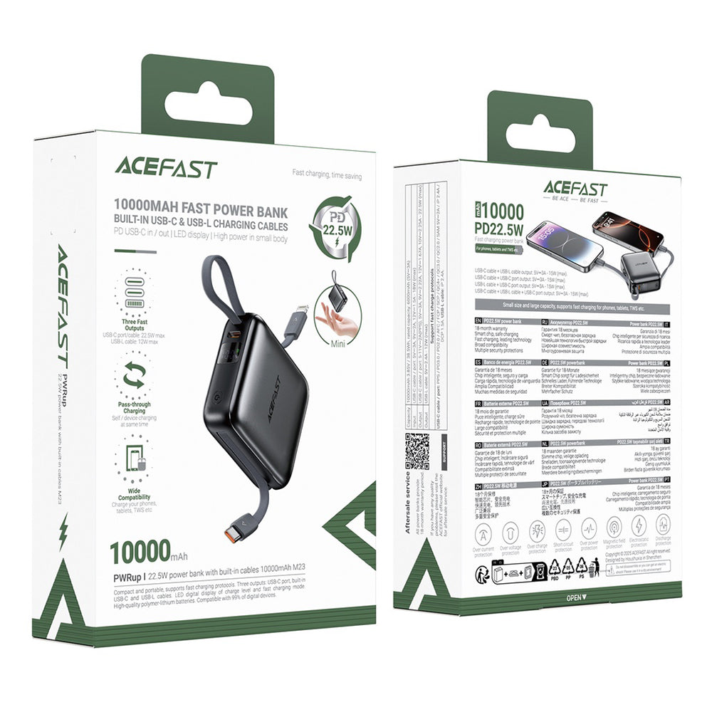 Batteria Esterna Acefast M23, 10000mAh, 22.5W, QC + PD, 1 x Lightning - 2 x USB-C, Grigio