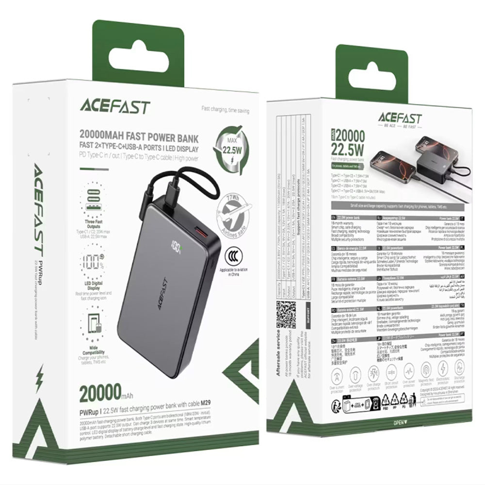 Batteria Esterna Acefast M29, 20000mAh, 22.5W, QC + PD, 1 x USB-A - 2 x USB-C, Nera