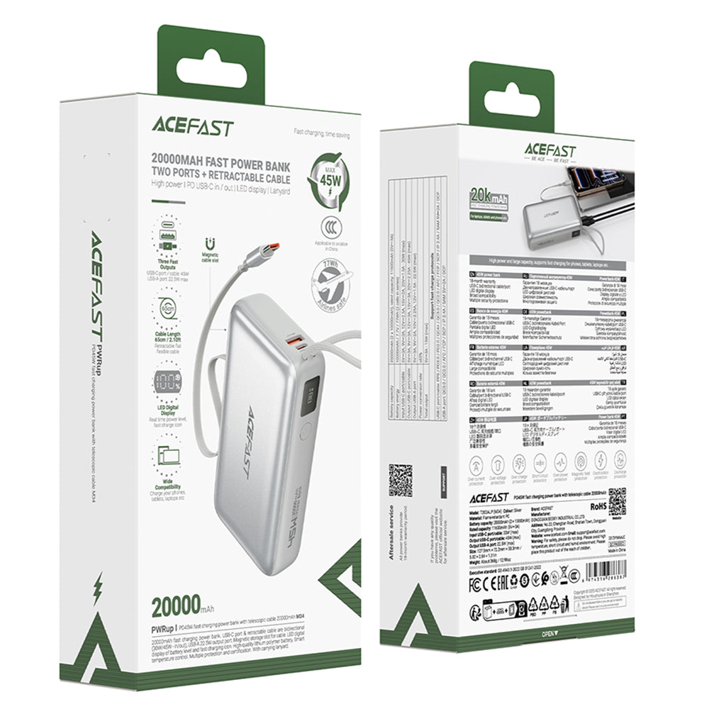 Batteria Esterna Acefast M34, 20000mAh, 45W, QC + PD, 1 x USB-A - 2 x USB-C, Argento