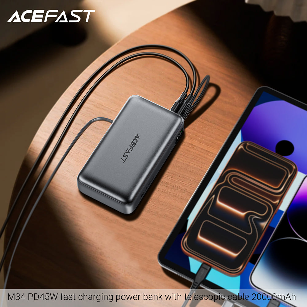 Batteria Esterna Acefast M34, 20000mAh, 45W, QC + PD, 1 x USB-A - 2 x USB-C, Argento
