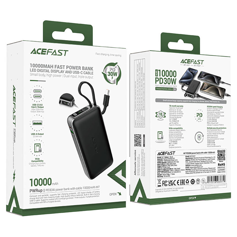 Batteria Esterna Acefast M7, 10000mAh, 30W, QC + PD, 1 x USB-A - 2 x USB-C, Nera