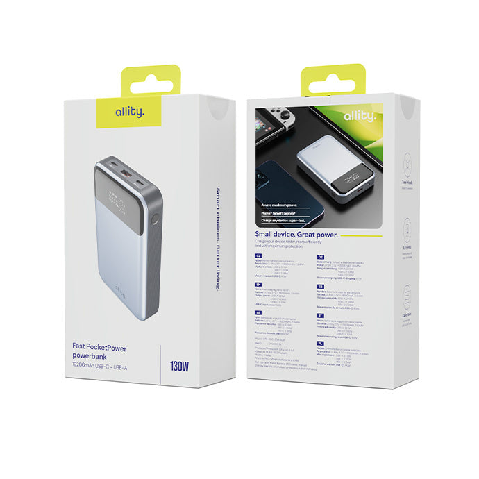 Batteria Esterna Allity. APB-200 PocketPower, 19200mAh, 130W, QC + PD, 1 x USB-A - 2 x USB-C, Grigio