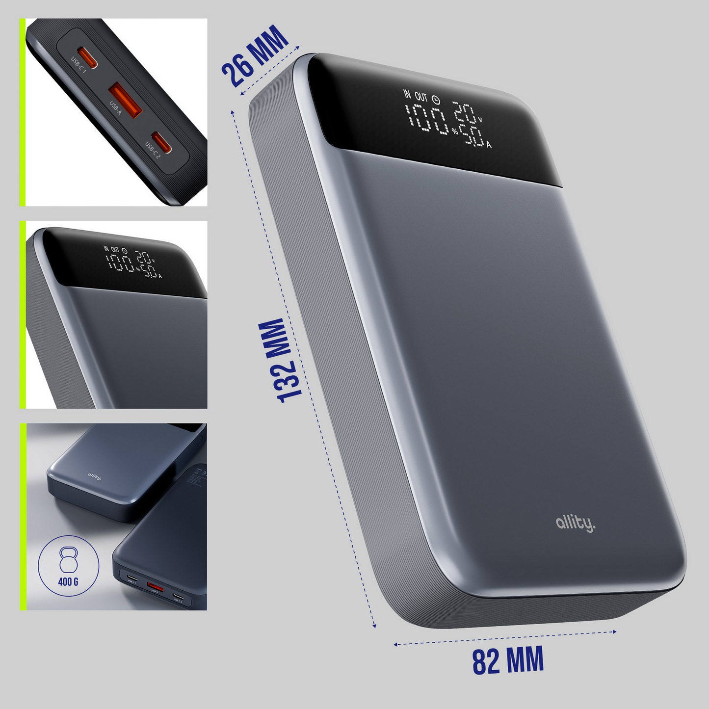 Batteria Esterna Allity. APB-200 PocketPower, 19200mAh, 130W, QC + PD, 1 x USB-A - 2 x USB-C, Grigio