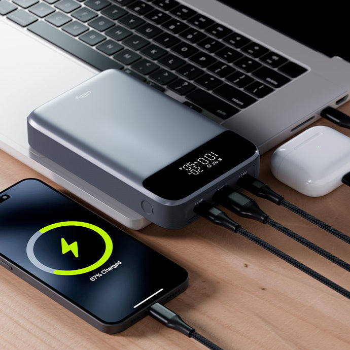 Batteria Esterna Allity. APB-200 PocketPower, 19200mAh, 130W, QC + PD, 1 x USB-A - 2 x USB-C, Grigio