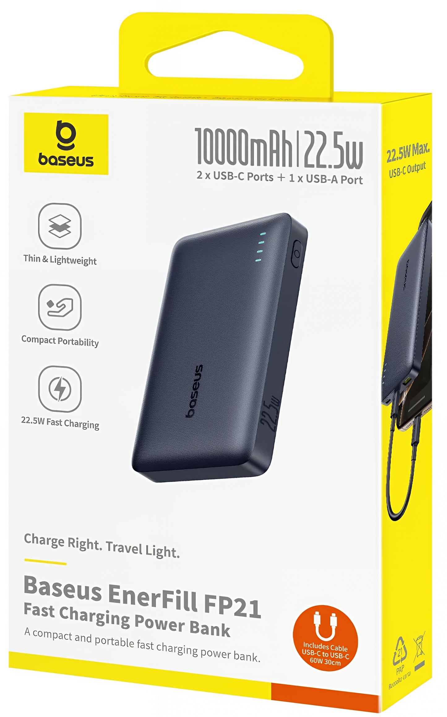 Batteria Esterna Baseus EnerFill FP21, 10000mAh, 22.5W, QC + PD, 1 x USB-A - 2 x USB-C, Nera P1008210D123-00