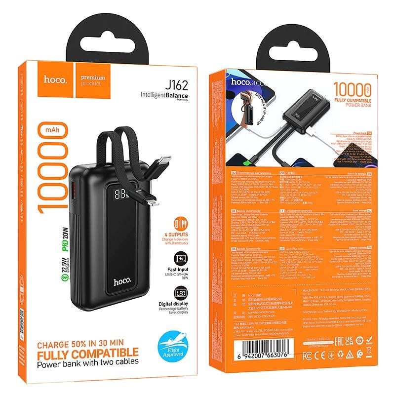 Batteria Esterna HOCO J162, 10000mAh, 22.5W, QC + PD, 1 x Lightning - 1 x USB-A - 2 x USB-C, Nera