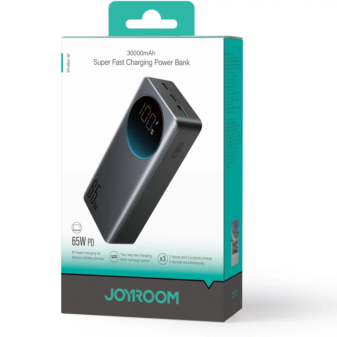 Batteria Esterna Joyroom JR-PBF05, 30000mAh, 65W, QC + PD, 1 x USB-A - 2 x USB-C, Nera