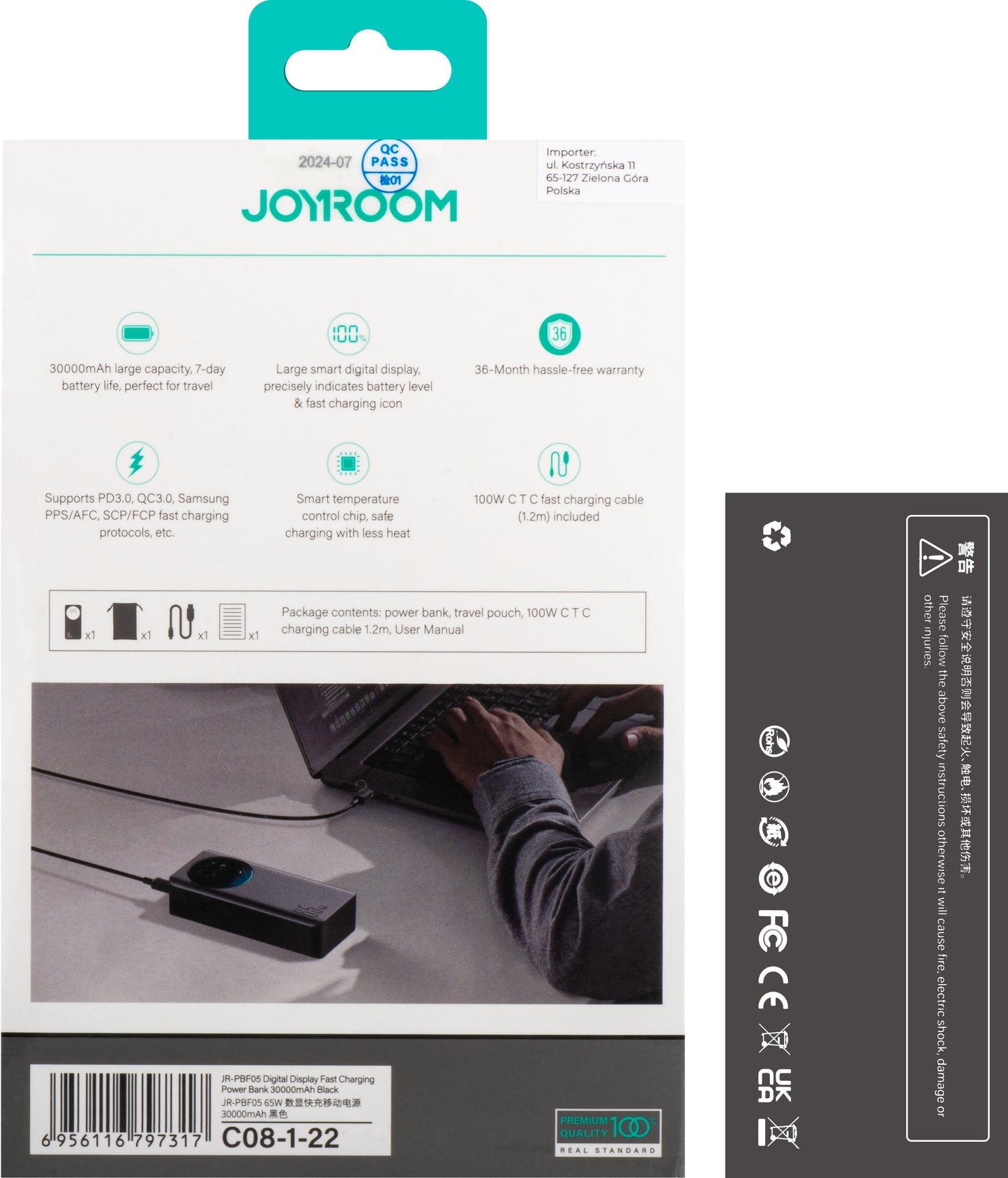 Batteria Esterna Joyroom JR-PBF05, 30000mAh, 65W, QC + PD, 1 x USB-A - 2 x USB-C, Nera