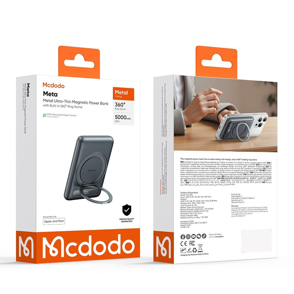 Batteria Esterna Wireless McDodo MC-8361 Meta, 5000mAh, 20W, PD + FQI, 1 x QI - 1 x USB-C, Grigio