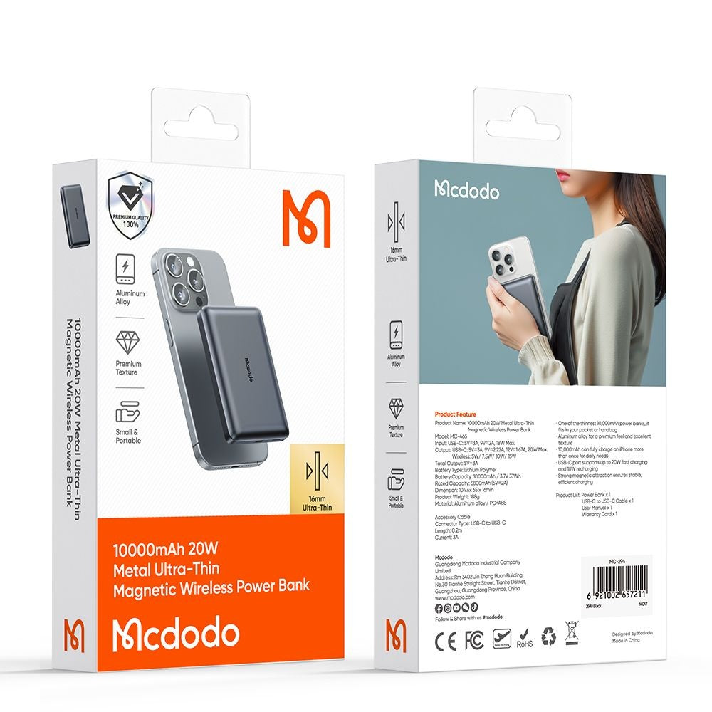 Batteria Esterna Wireless McDodo MC-4651 Meta, 10000mAh, 20W, PD + FQI, 1 x QI - 1 x USB-C, Nera