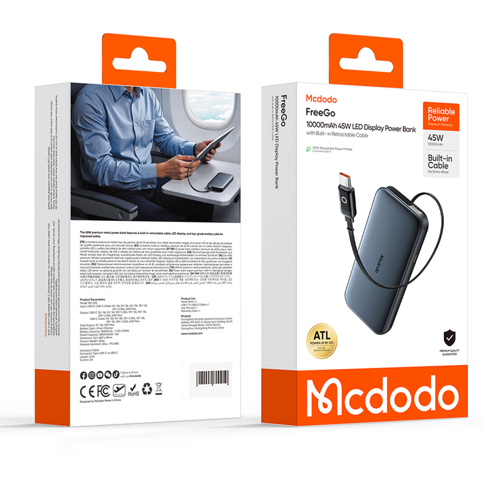 Batteria Esterna McDodo MC-5920 MetaFree, 10000mAh, 45W, PD, 2 x USB-C, Grigio