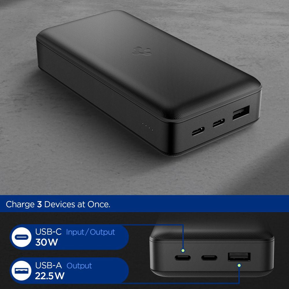 Batteria Esterna Spigen, 20000mAh, 30W, QC + PD, 1 x USB-A - 2 x USB-C, Nera ABA09433