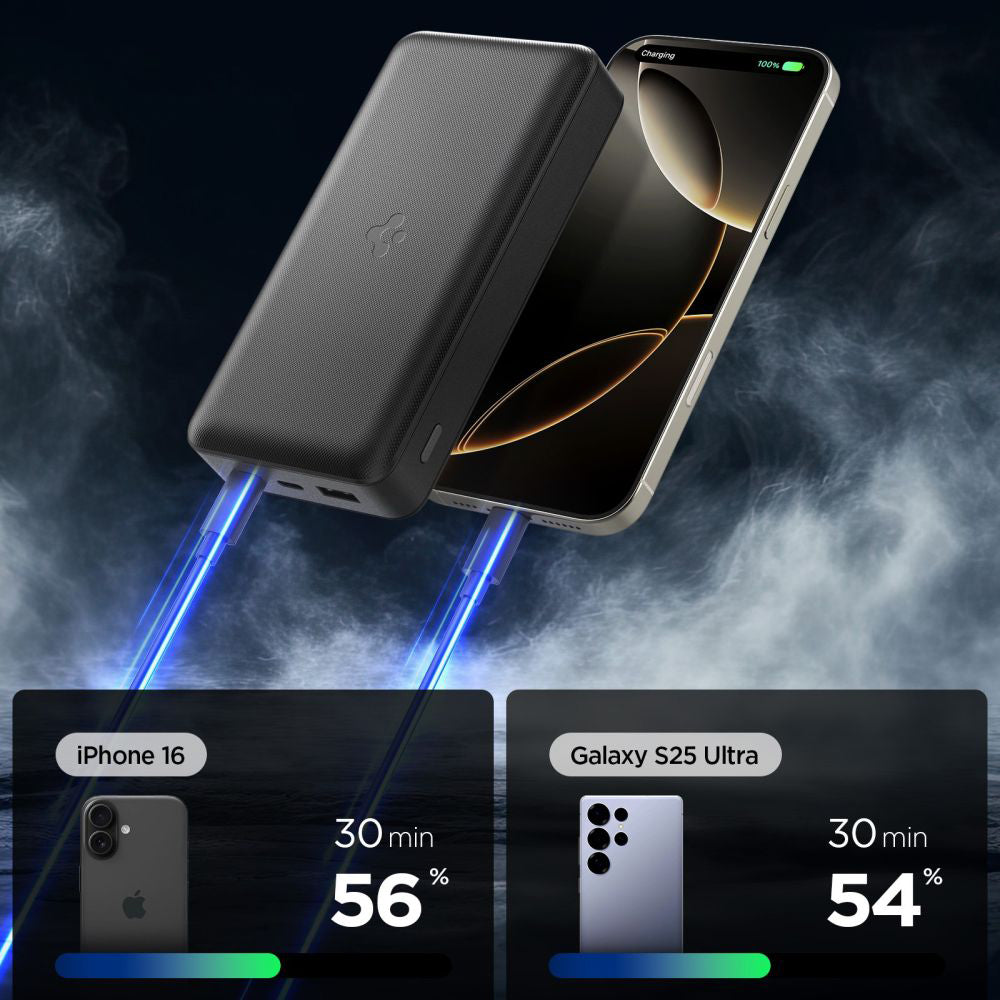 Batteria Esterna Spigen, 20000mAh, 30W, QC + PD, 1 x USB-A - 2 x USB-C, Nera ABA09433