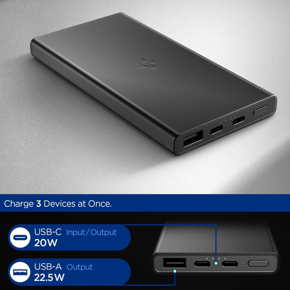 Batteria Esterna Spigen Essential, 10000mAh, 22.5W, QC + PD, 1 x USB-A - 2 x USB-C, Nera ABA09431
