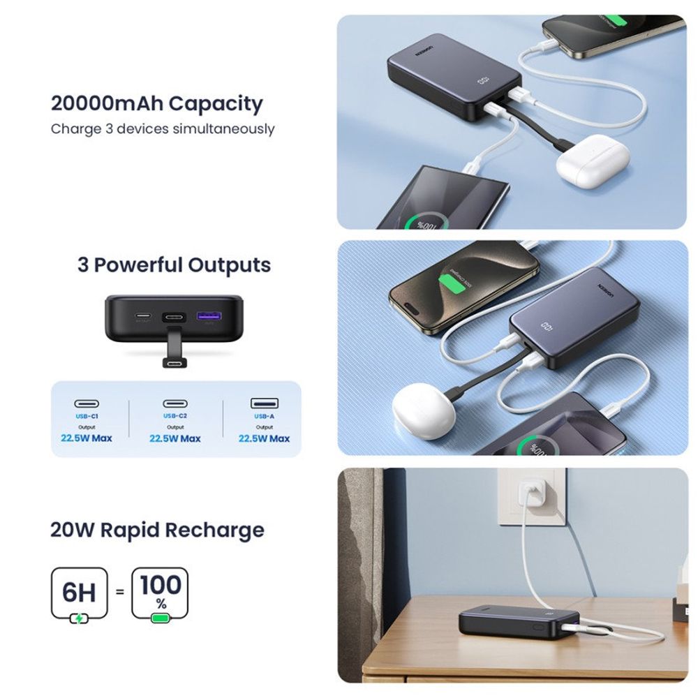 Batteria Esterna UGREEN PB505, 20000mAh, 22.5W, QC + PD, 1 x USB-A - 2 x USB-C, Grigio