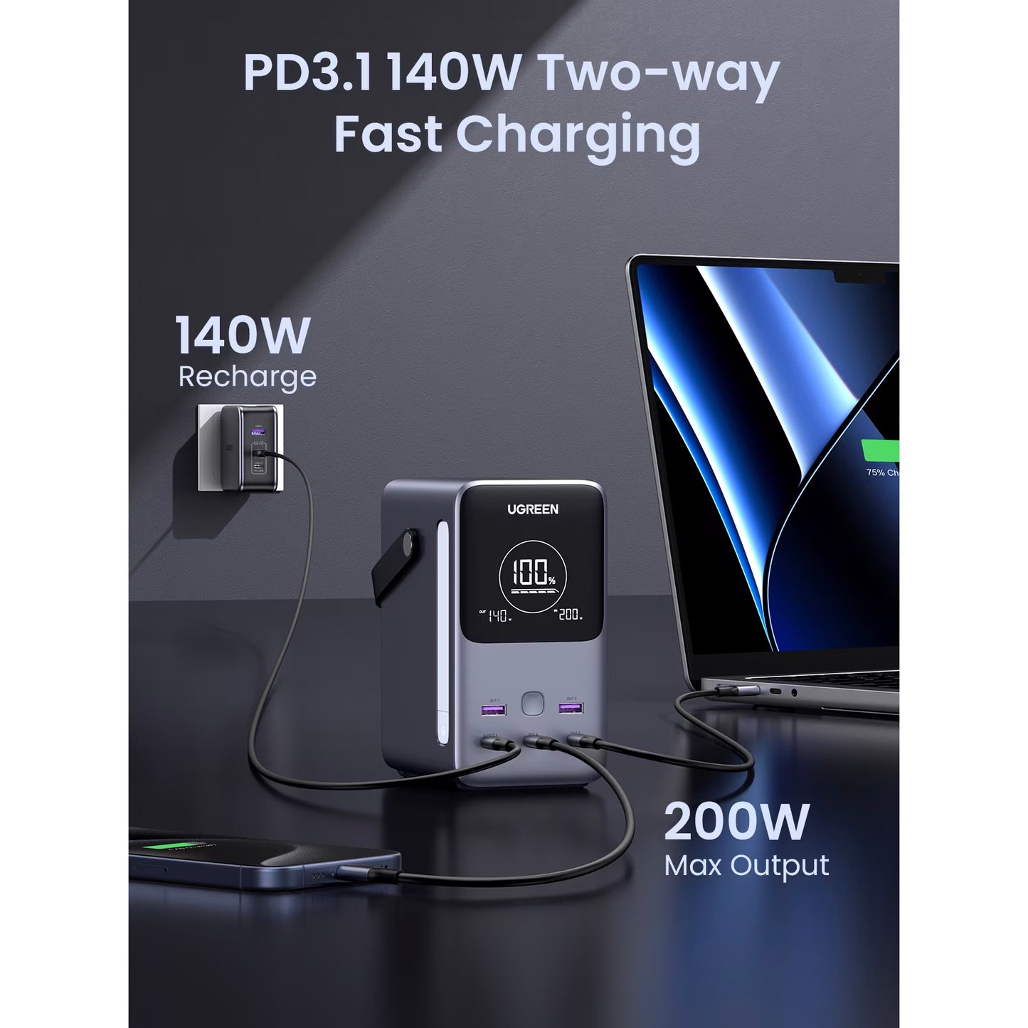 Batteria Esterna UGREEN PB770, 48000mAh, 300W, QC + PD, 2 x USB-A - 3 x USB-C, Grigio
