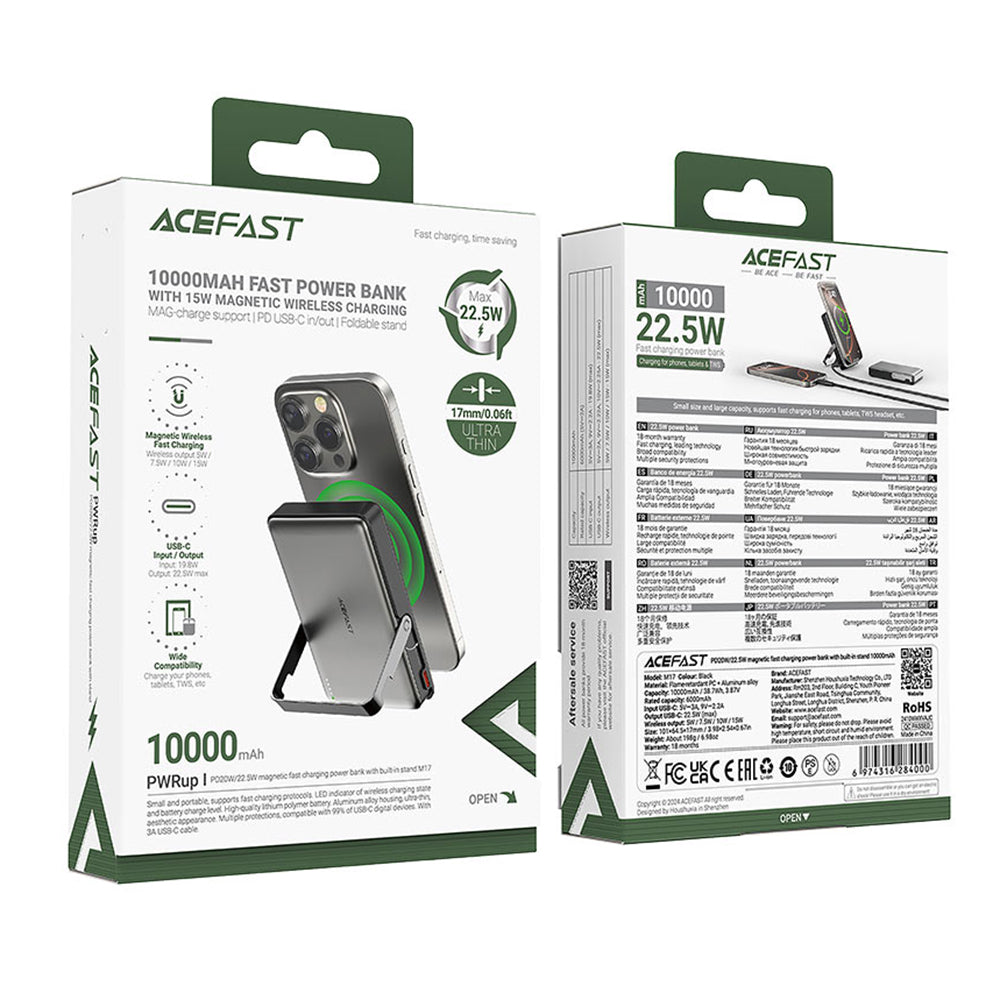 Batteria Esterna Wireless Acefast M17, 10000mAh, 22.5W, PD + FQI, 1 x QI - 1 x USB-C, Nera