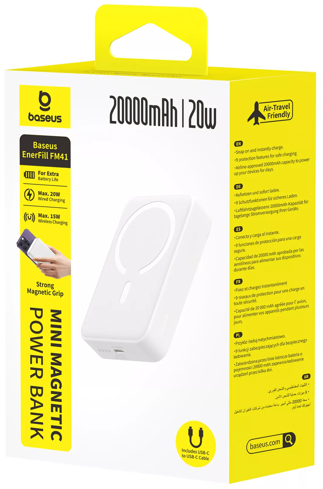 Batteria Esterna Wireless Baseus EnerFill FM41 Mini, 20000mAh, 20W, PD + FQI, 1 x QI - 1 x USB-C, Bianca E0027U01
