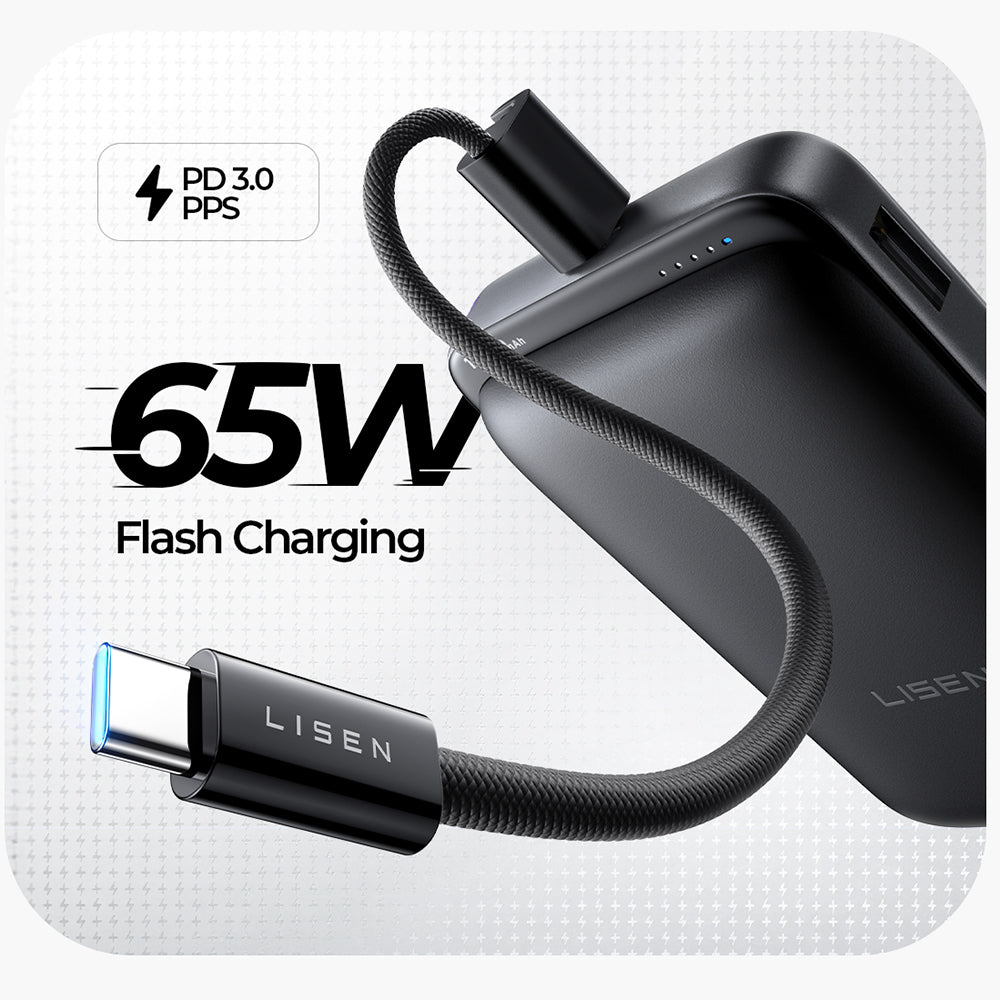 Batteria Esterna Wireless Lisen P604, 10000mAh, 65W, QC + PD + FQI, 1 x QI - 1 x USB-A - 1 x USB-C, Nera