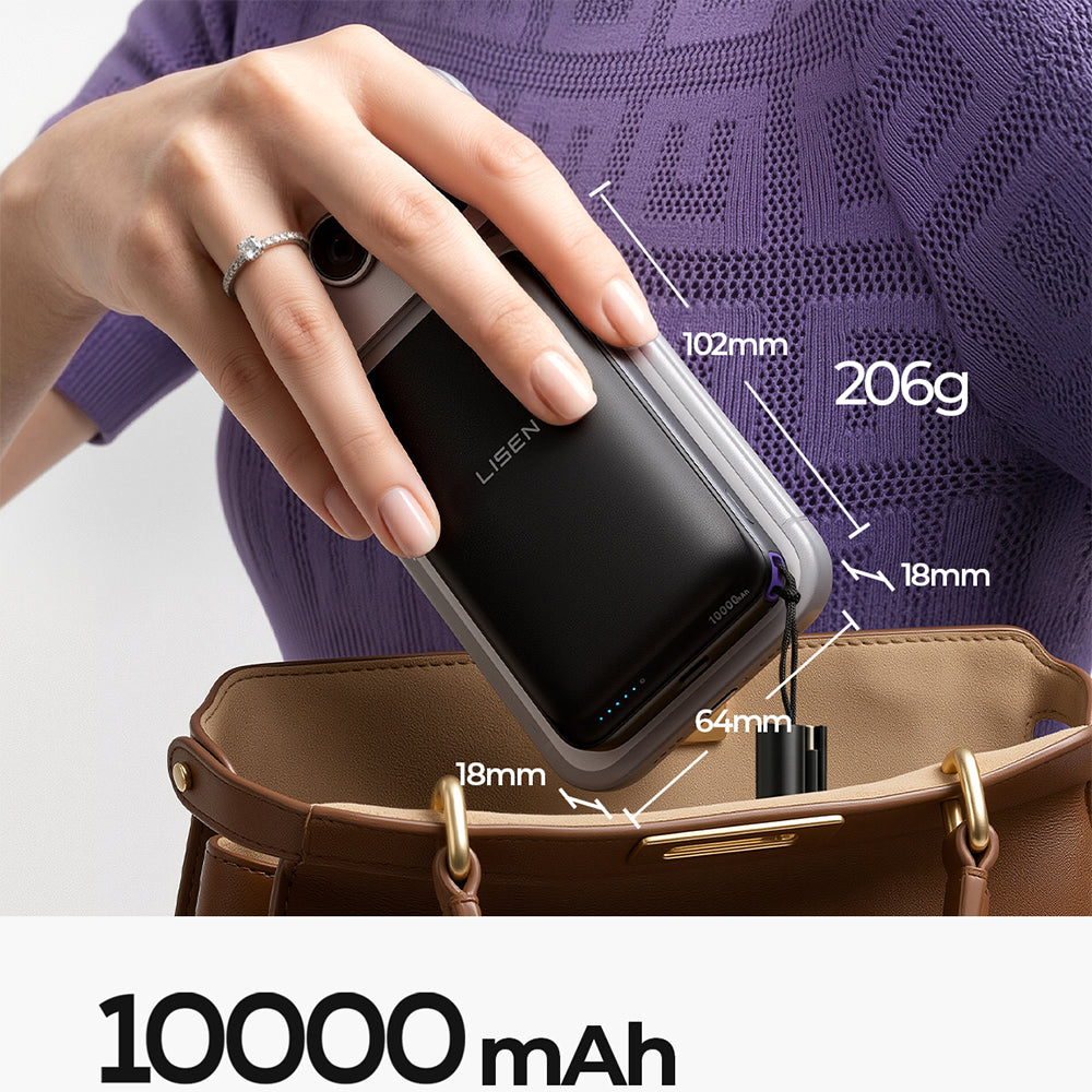 Batteria Esterna Wireless Lisen P604, 10000mAh, 65W, QC + PD + FQI, 1 x QI - 1 x USB-A - 1 x USB-C, Nera