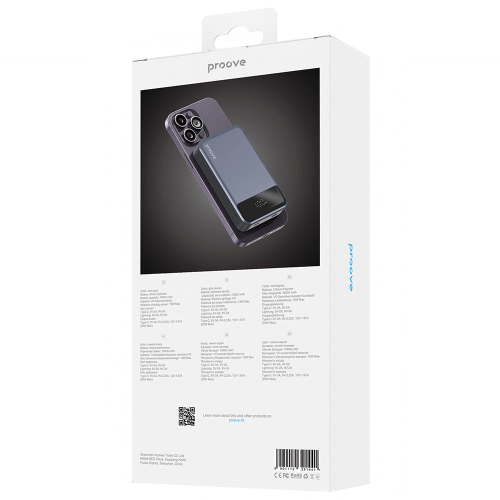 Batteria Esterna Wireless Proove Hoodman, 10000mAh, 20W, PD + FQI, 1 x QI - 1 x USB-C, Grigio PBH120010003