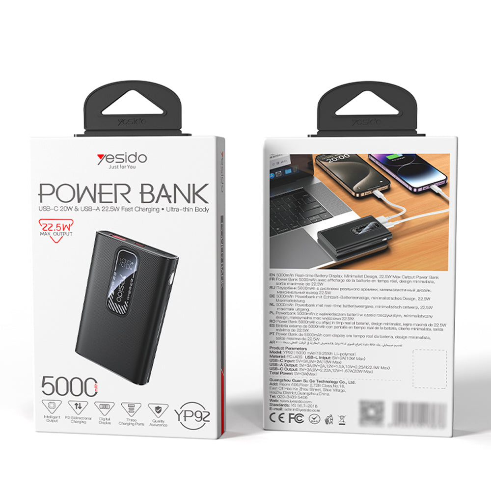 Batteria Esterna Yesido YP92, 5000mAh, 22.5W, QC + PD, 1 x USB-A - 1 x USB-C, Nera