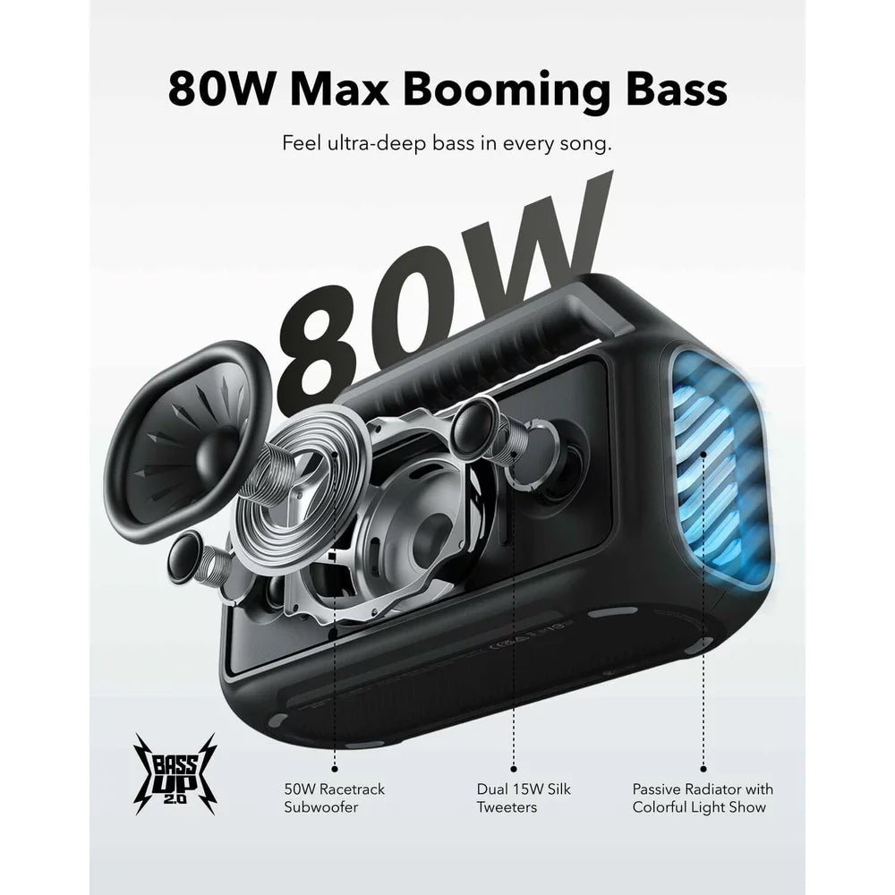 Cassa Portatile Bluetooth Anker SoundCore Boom 2, 80W, TWS, RGB, Impermeabile, Nera A3138011