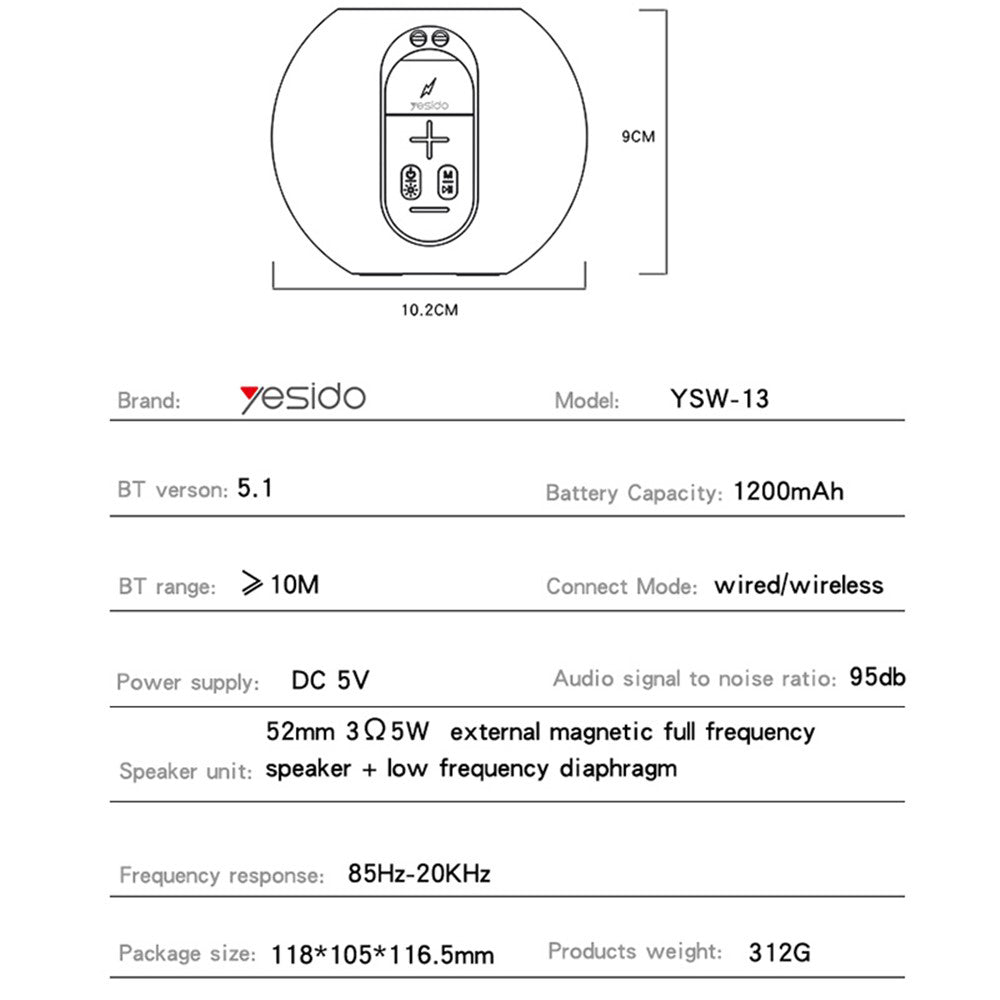 Cassa Portatile Bluetooth Yesido YSW13, 5W, RGB, Blu