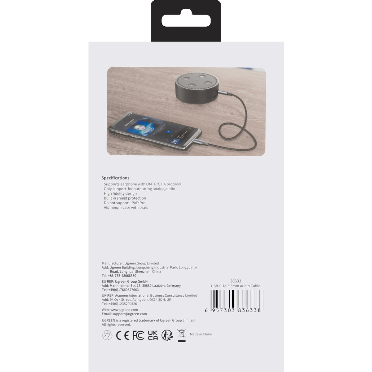 UGREEN AV143 USB-C to 3.5mm Audio Cable, 1m, Gray