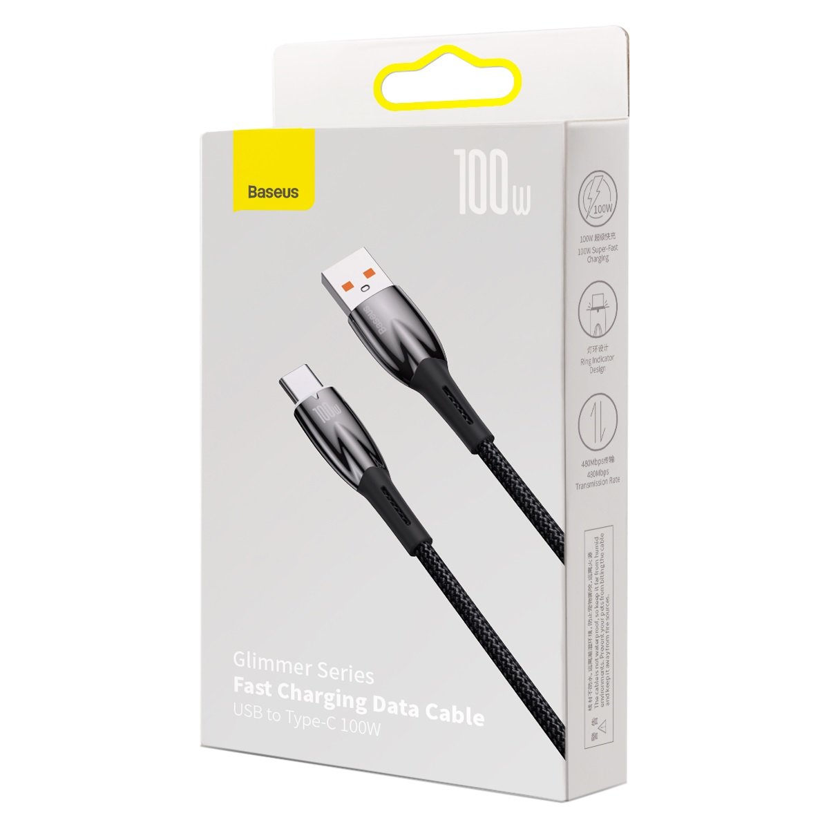 Cavo dati e ricarica da USB-A a USB-C Baseus serie Glimmer, 100W, 2m, nero CADH000501 CADH000501