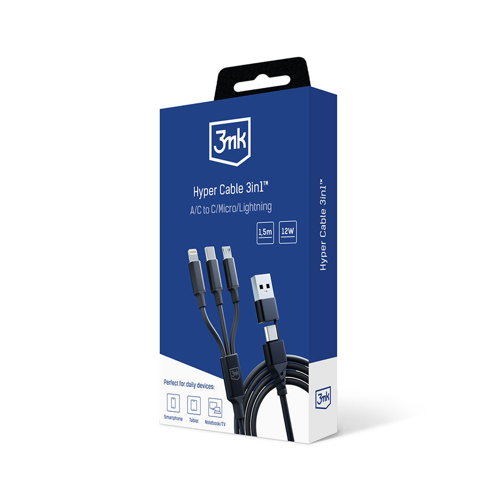 Cavo di ricarica USB-A / USB-C - Lightning / microUSB / USB-C 3MK Hyper 3in1, 12W, 1,5 m, nero
