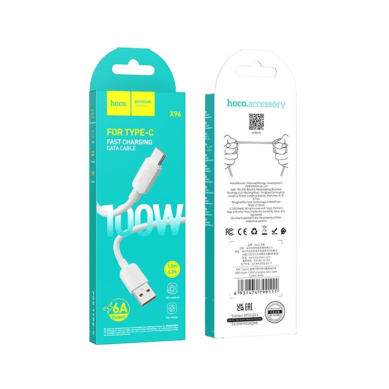 Cavo Dati e Ricarica USB-A - USB-C HOCO X96, 100W, 1m, Bianco