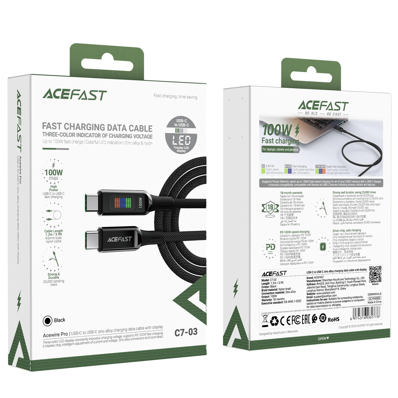 Cavo Dati e Ricarica USB-C - USB-C Acefast C7-03, 100W, 1.2m, Nero