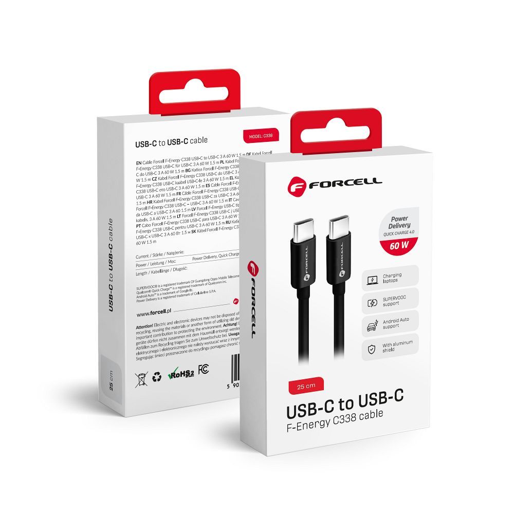 Cavo dati e ricarica USB-C - USB-C Forcell F-Energy C338, 60W, 0,25 m, nero