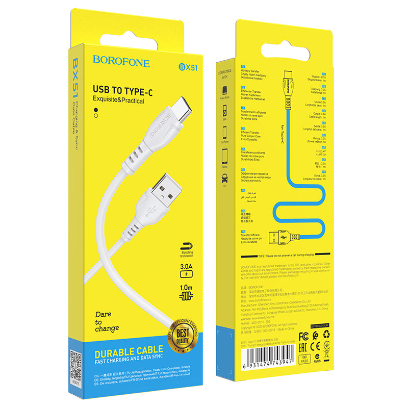 Cavo Dati e Ricarica USB-A - USB-C Borofone BX51 Triumph, 20W, 1m, Bianco