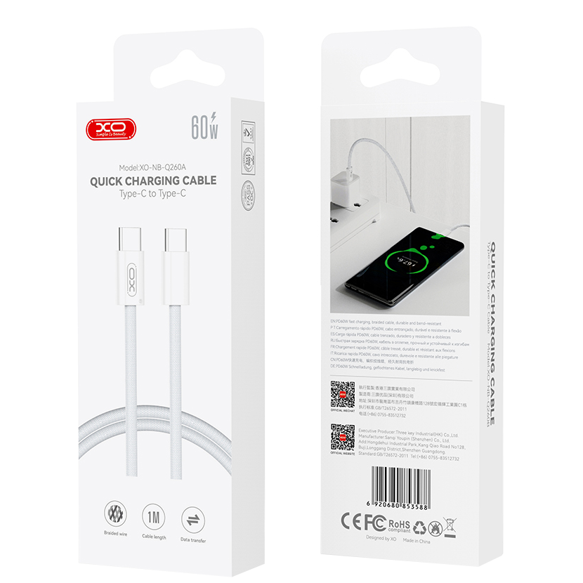 Cavo Dati e Ricarica USB-C - USB-C XO Design NB-Q260A, 60W, 1m, Bianco