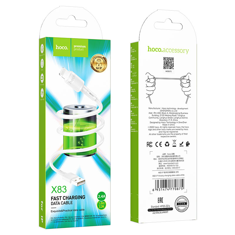 Cavo Dati e Ricarica USB-A - Lightning HOCO X83 Victory, 18W, 1m, Bianco