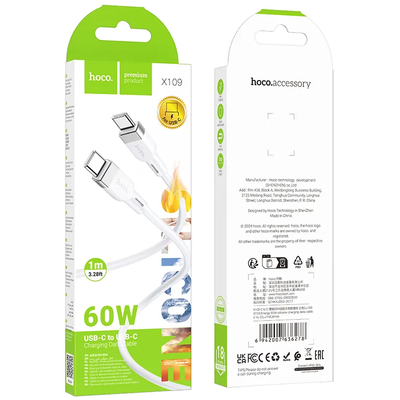 Cavo Dati e Ricarica USB-C - USB-C HOCO X109, 60W, 1m, Bianco