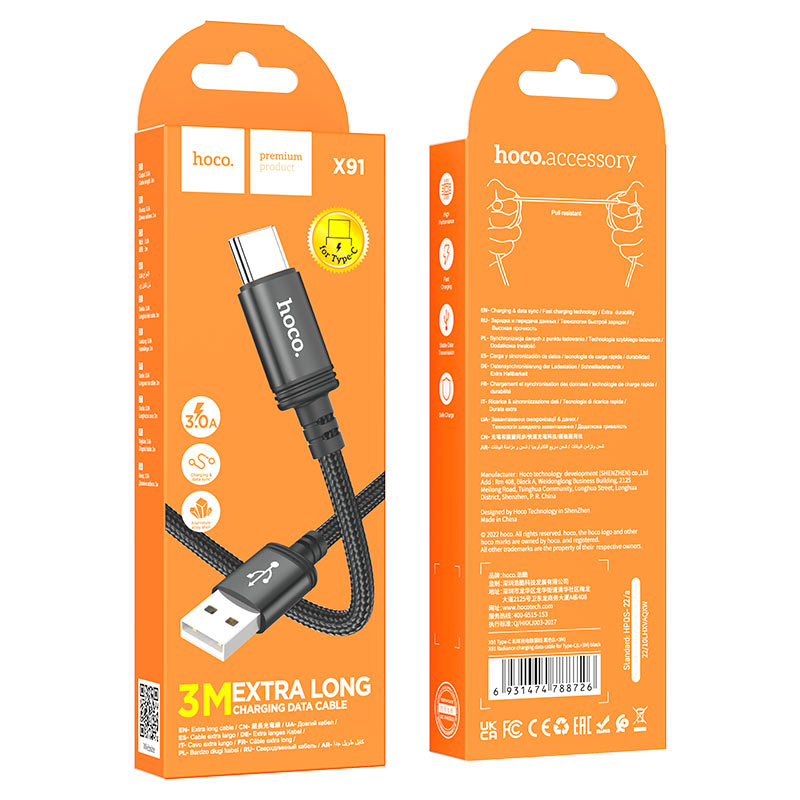 Cavo Dati e Ricarica USB-A - USB-C HOCO X91, 18W, 3m, Nero