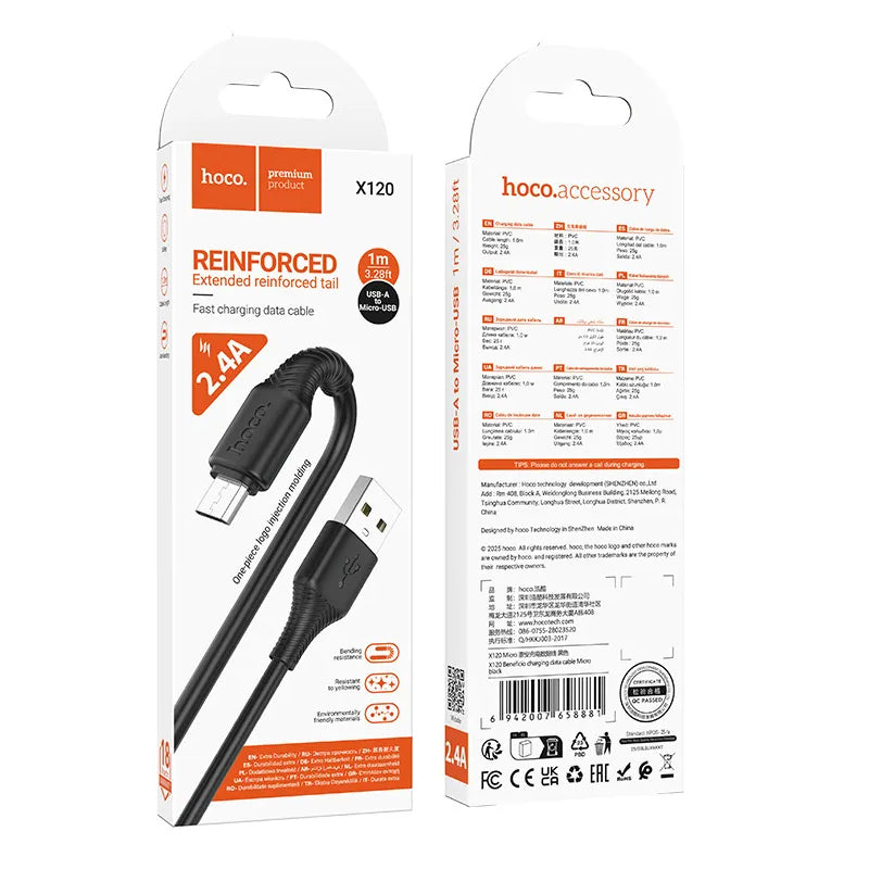 Cavo Dati e Ricarica USB-A - microUSB HOCO X120, 18W, 1m, Nero