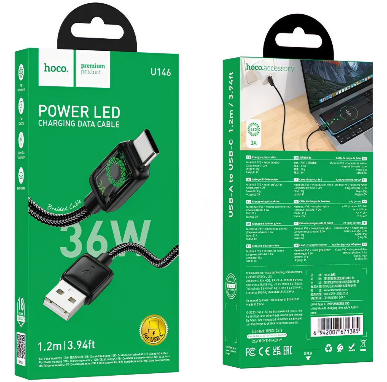 Cavo Dati e Ricarica USB-A - USB-C HOCO U146, 36W, 1.2m, Nero