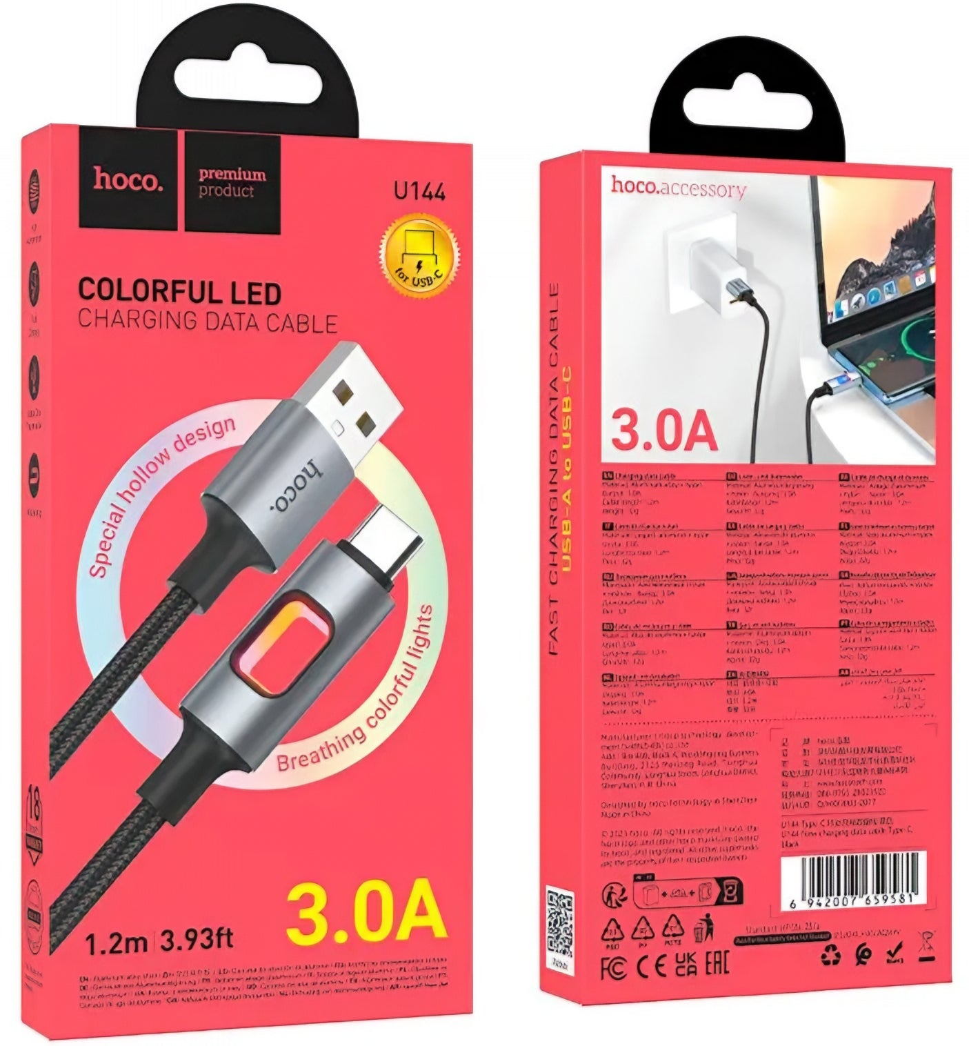 Cavo Dati e Ricarica USB-A - USB-C HOCO U144 Led, 18W, 1.2m, Nero