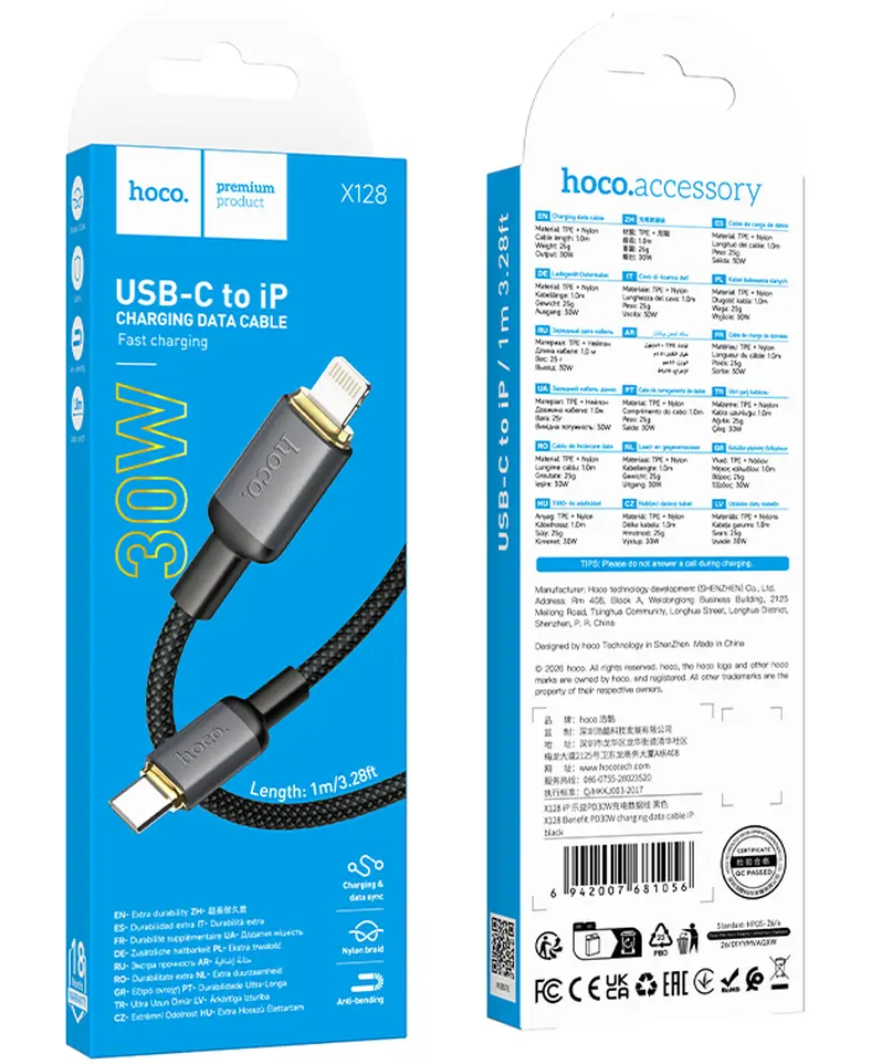 Cavo Dati e Ricarica USB-C - Lightning HOCO X128 Benefit, 30W, 1m, Nero