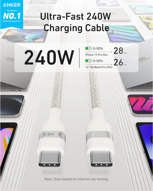 Cavo Dati e Ricarica USB-C - USB-C Anker, 240W, 1.8m, Bianco A82E2H22