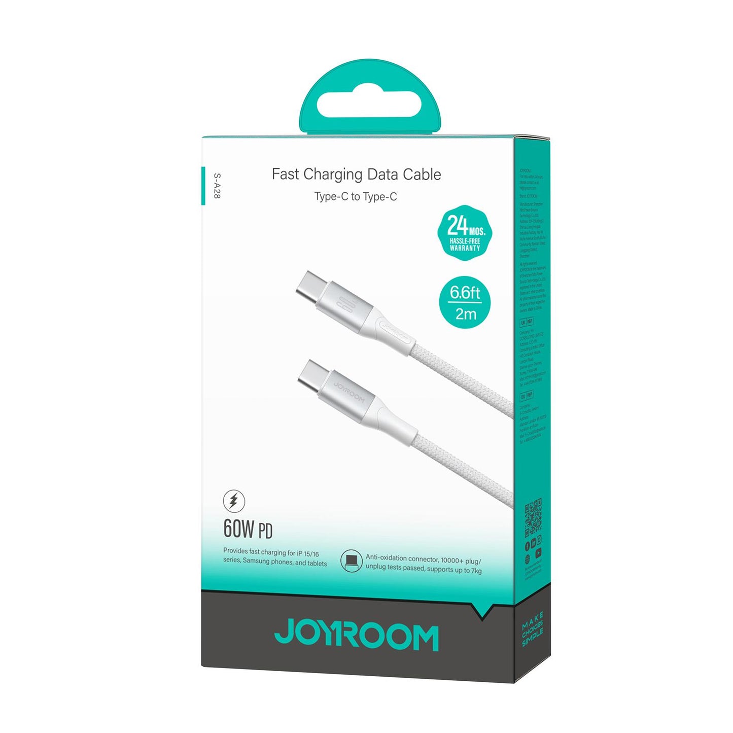 Cavo Dati e Ricarica USB-C - USB-C Joyroom S-A28 Flash, 60W, 2m, Bianco
