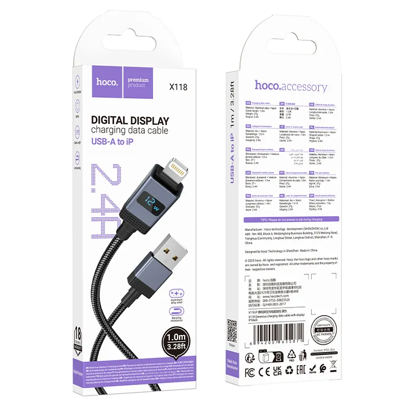 Cavo Dati e Ricarica USB-A - Lightning HOCO X118 Display, 12W, 1m, Nero