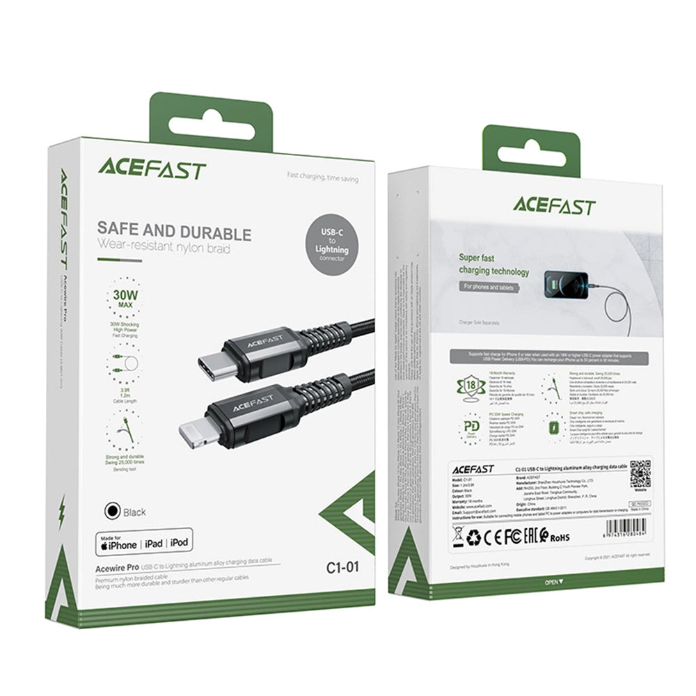 Cavo Dati e Ricarica USB-C - Lightning Acefast C1-01, 30W, 1.2m, Nero