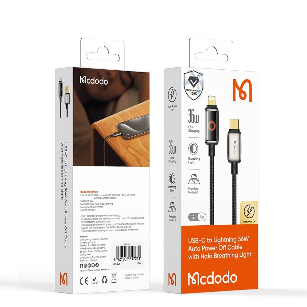 Cavo Dati e Ricarica USB-C - Lightning McDodo CA-6670 Auto Power Off, 36W, 1.2m, Nero