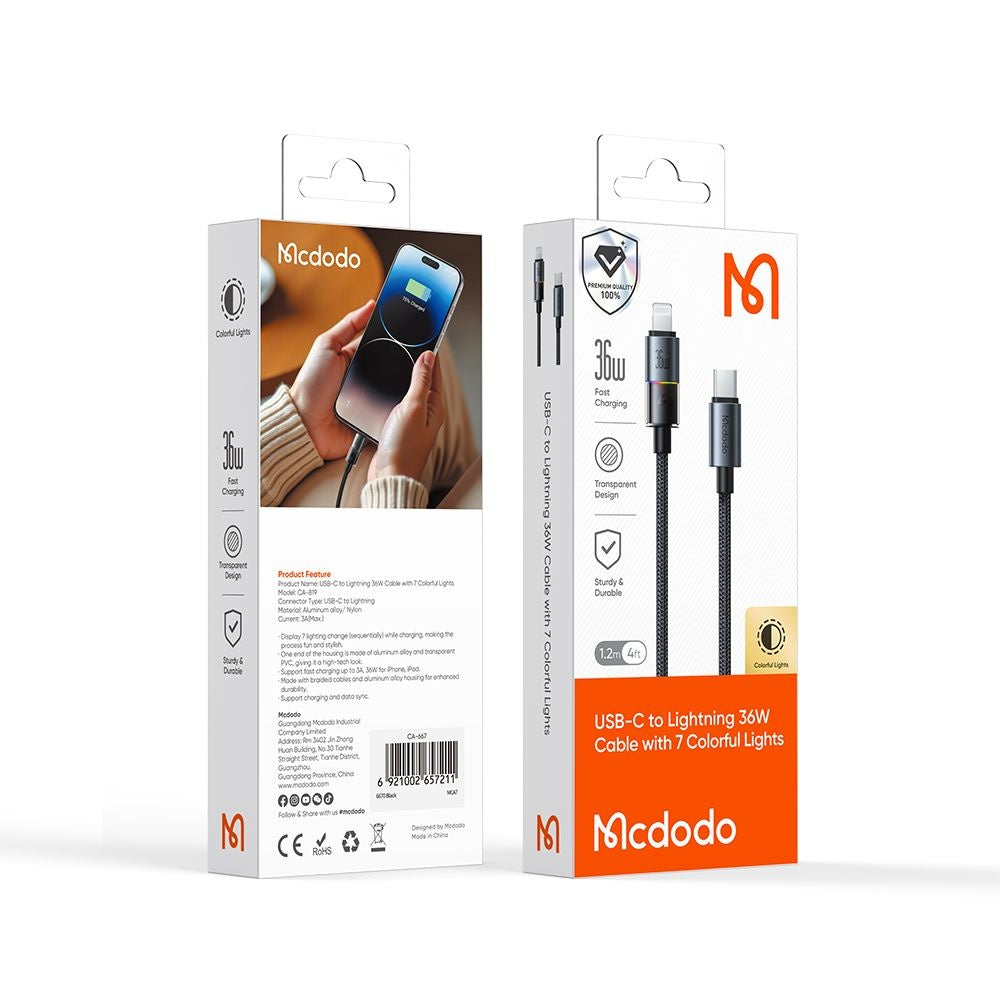 Cavo Dati e Ricarica USB-C - Lightning McDodo CA-8190 Colorful, 36W, 1.2m, Nero